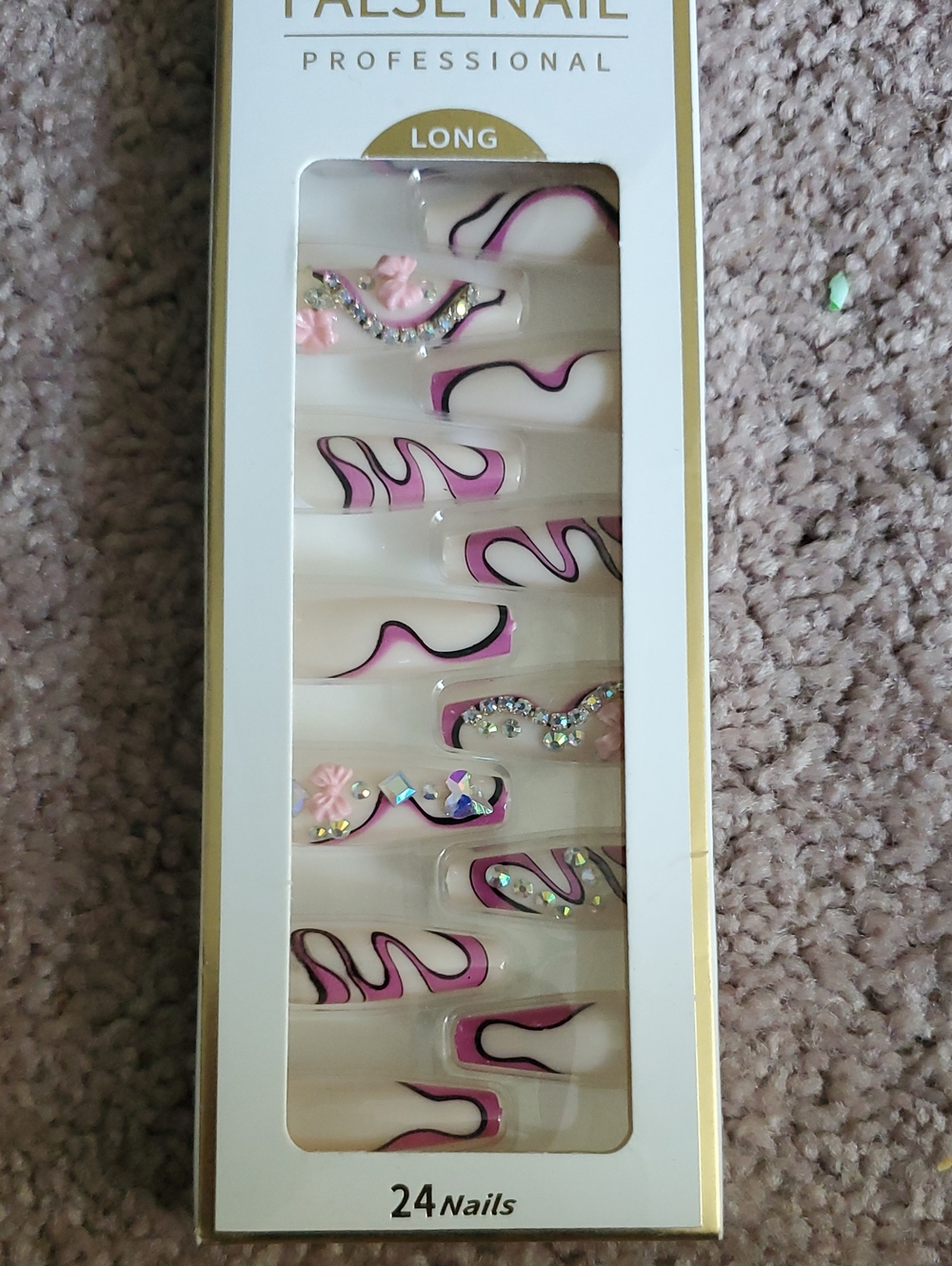 Professional Pink & Black Swirl False Nails - 24 Pack